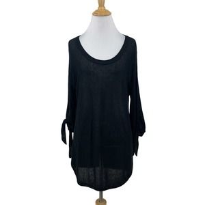 Margaret O Leary Fine Knit Top Women S Black Scoop Neck Tie Cuff Sheer Tunic
